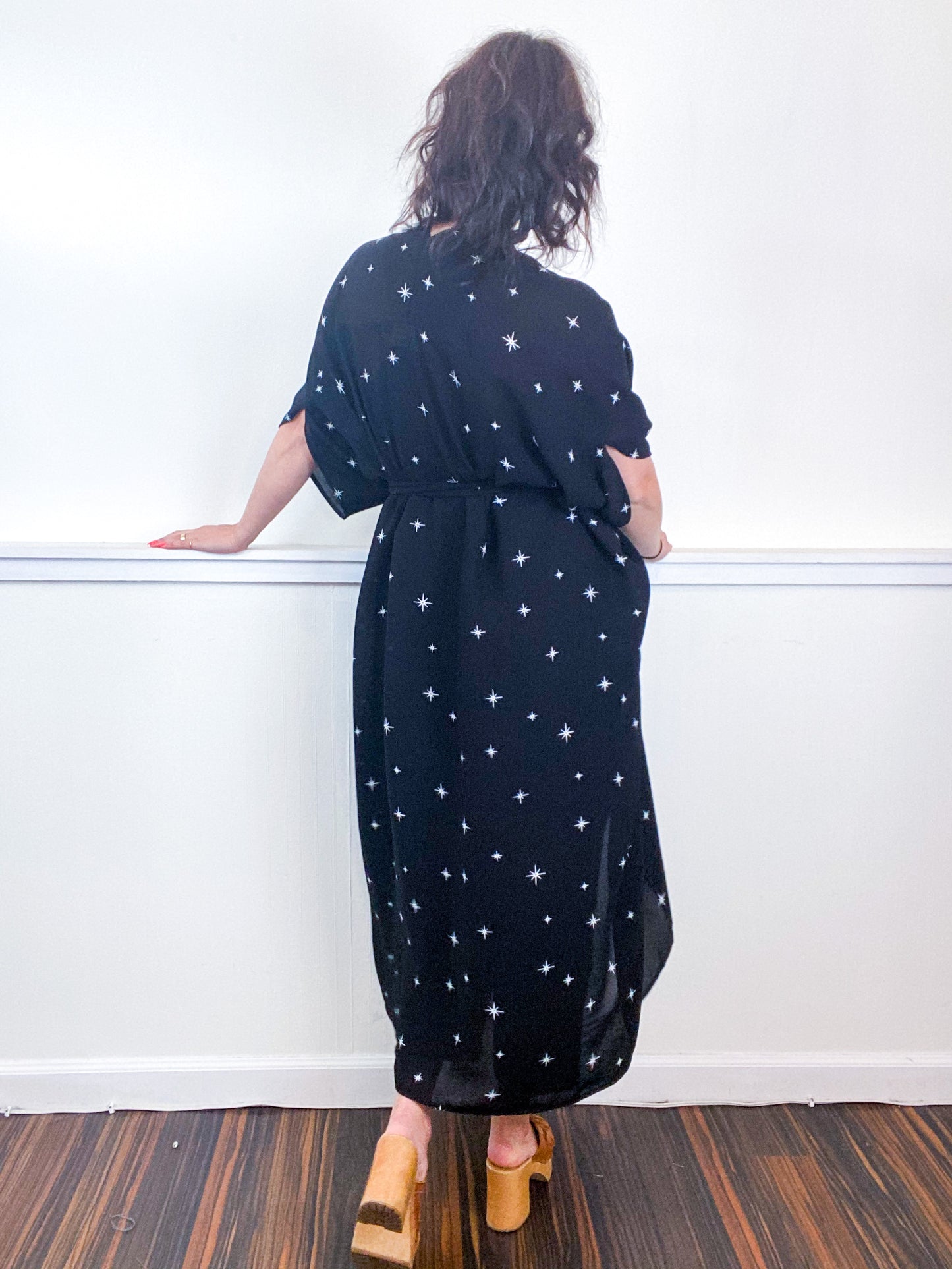 Print High Low Kimono Black Starlight Georgette