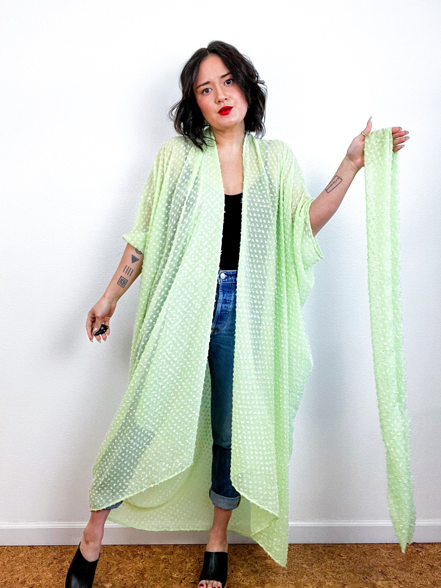 Solid High Low Kimono Celadon Boucle Dot Chiffon