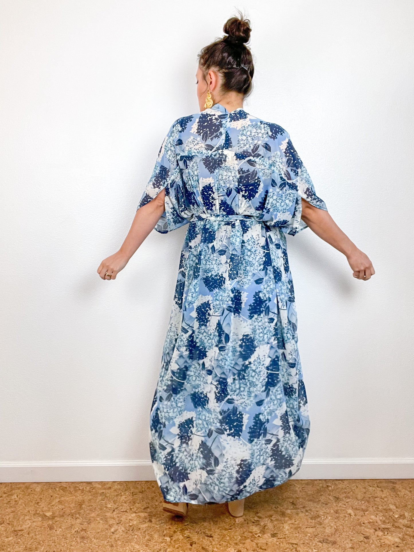 Print High Low Kimono Blue Hydrangea Floral Chiffon