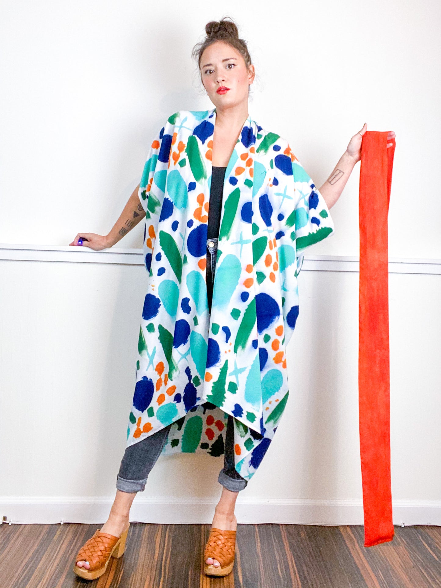 OOAK Hand-Dyed High Low Kimono Indigo Tangerine Emerald Parakeet Confetti
