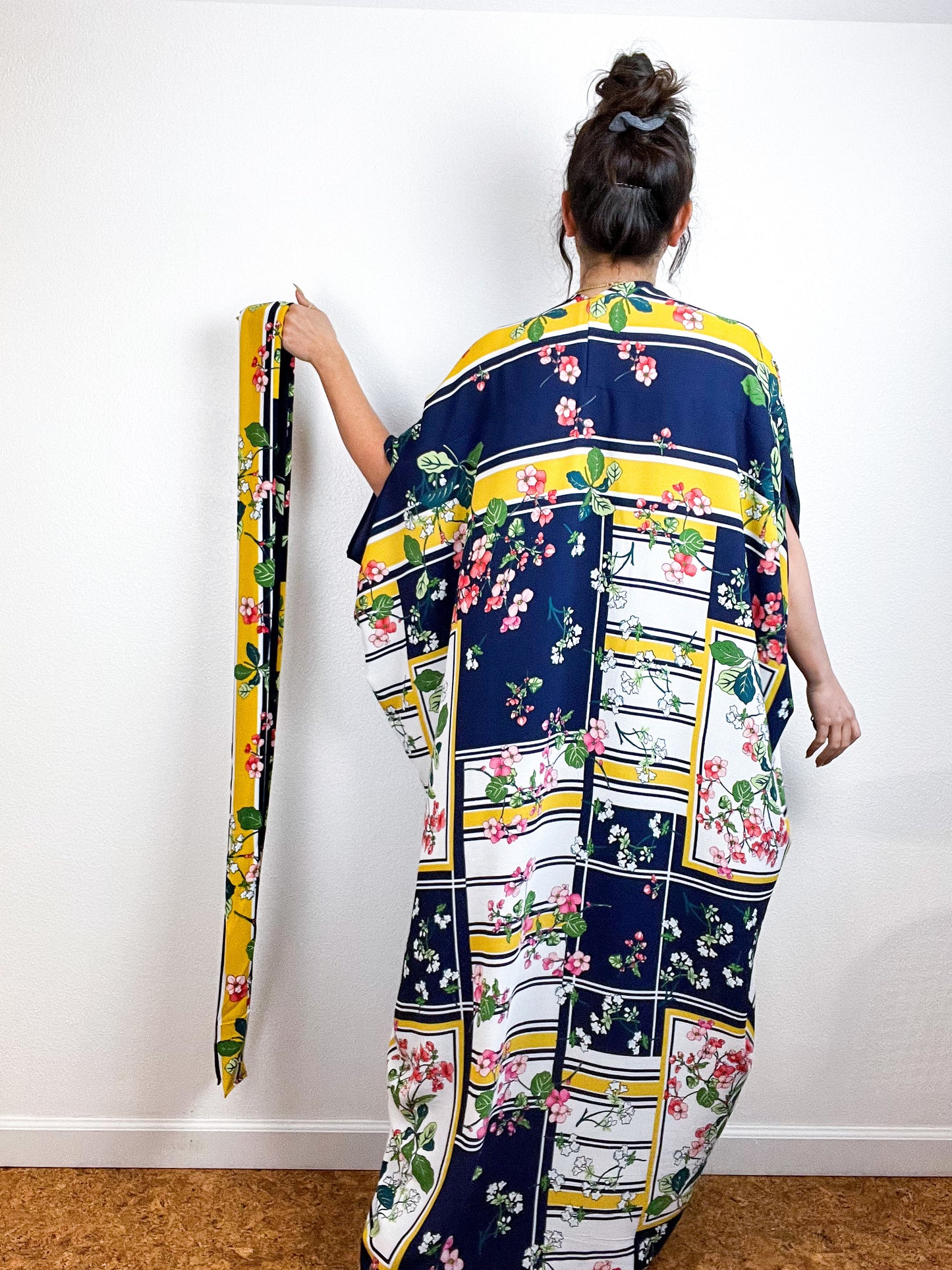 Print High Low Kimono Navy Yellow Retro Floral Bubble Crepe