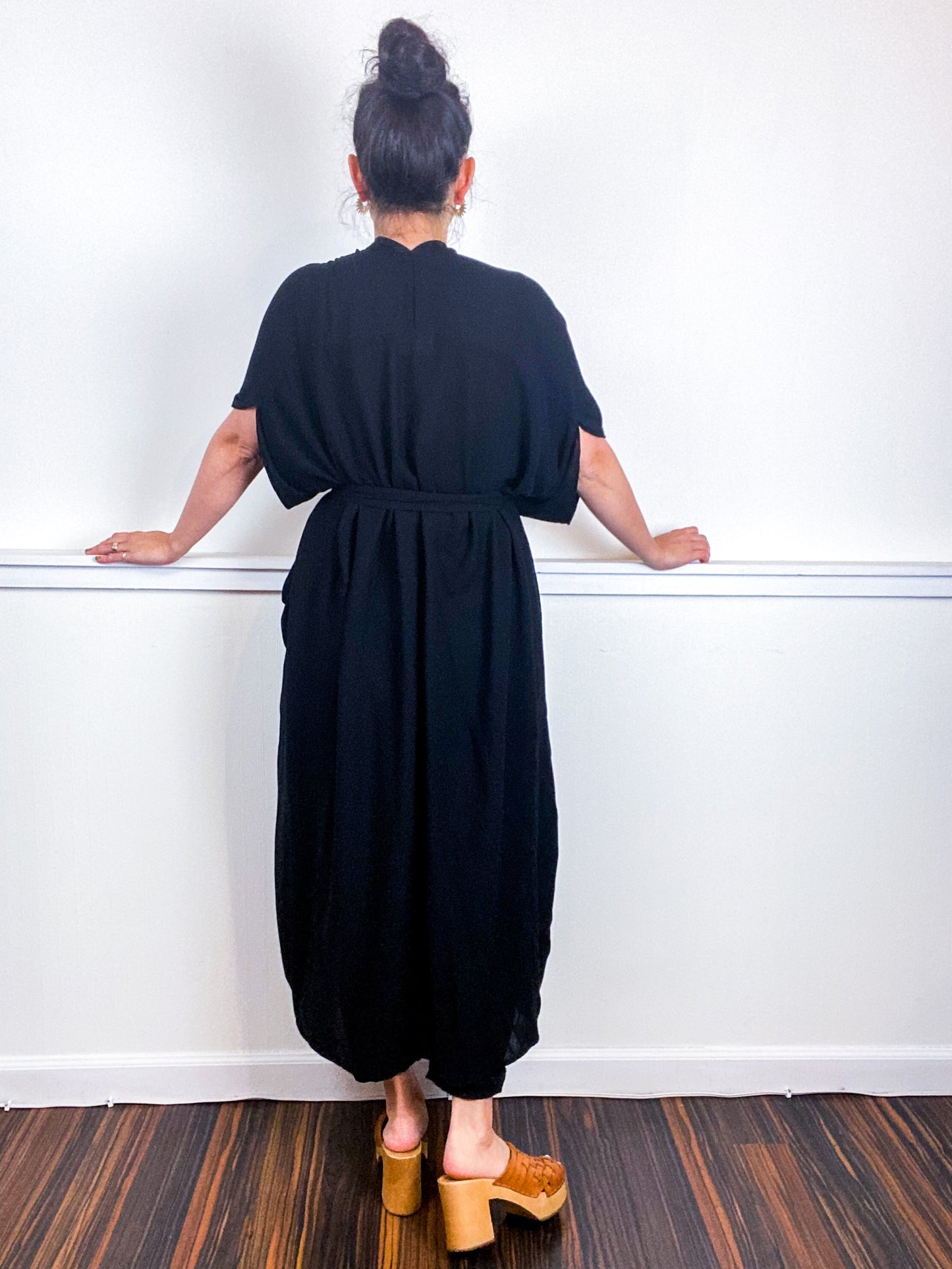 Solid High Low Kimono Black Rayon Crepe