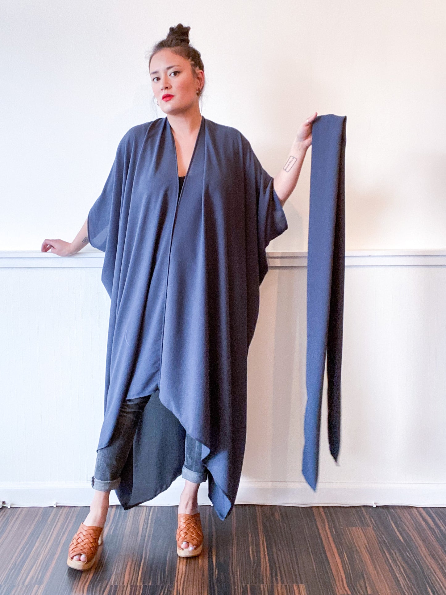 Print High Low Kimono Steel Blue Double Georgette