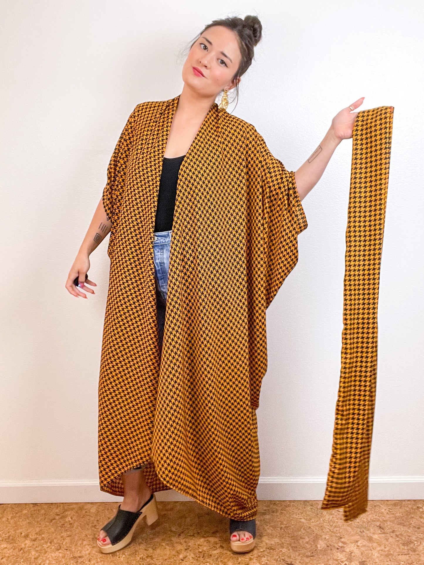 Print High Low Kimono Goldenrod Black Houndstooth Crepe
