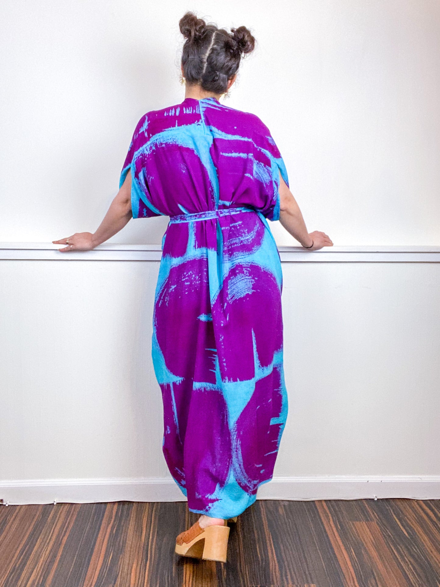 Hand-Dyed High Low Kimono Aqua Fuchsia Brushstroke