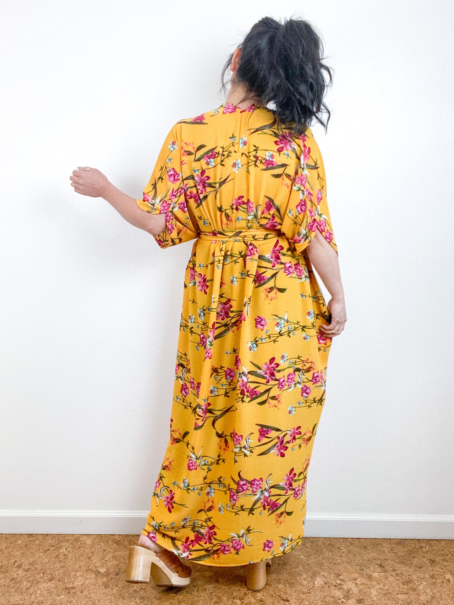 Print High Low Kimono Marigold Floral Bubble Crepe
