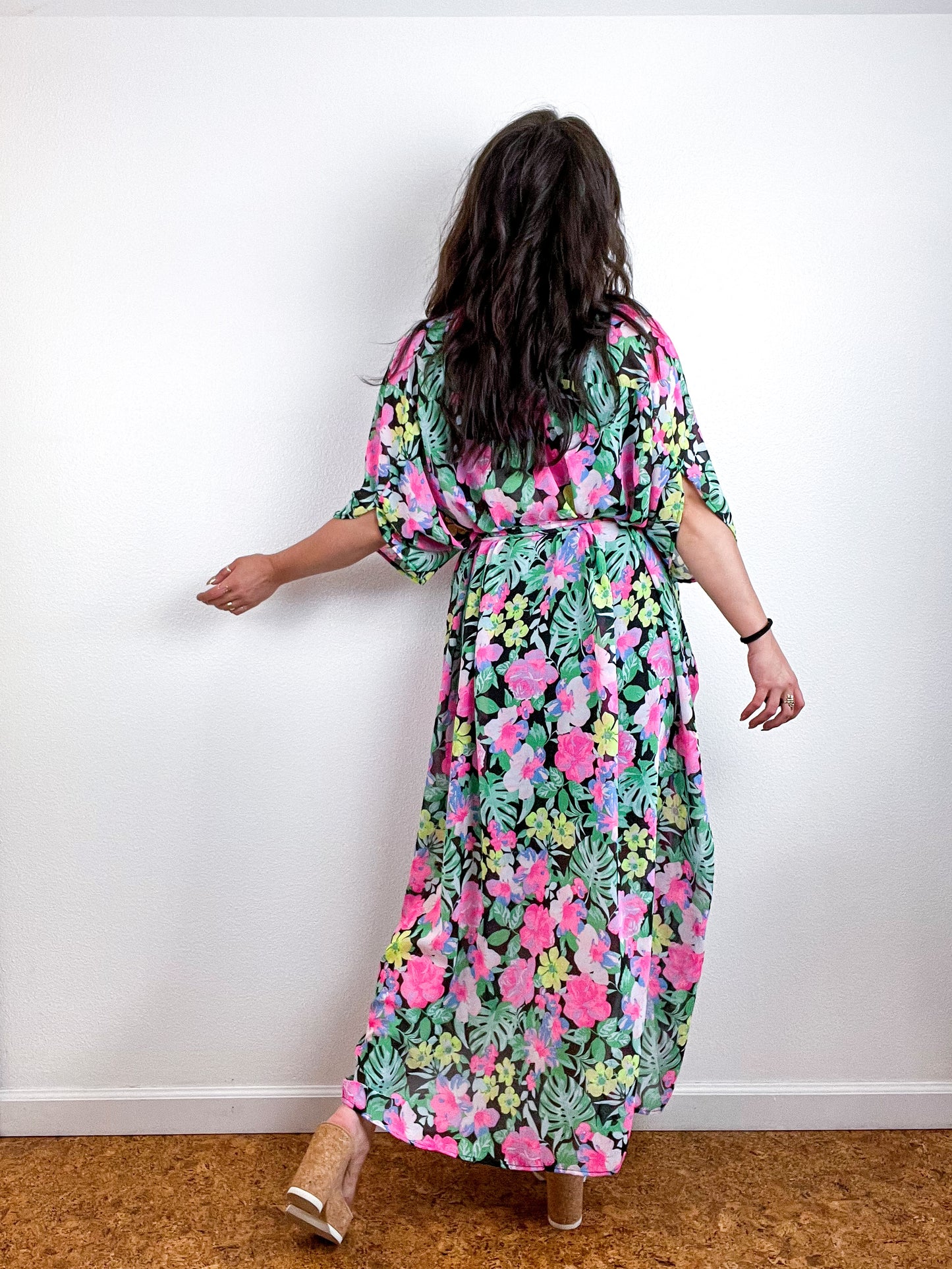 Print High Low Kimono Black Neon Floral Chiffon