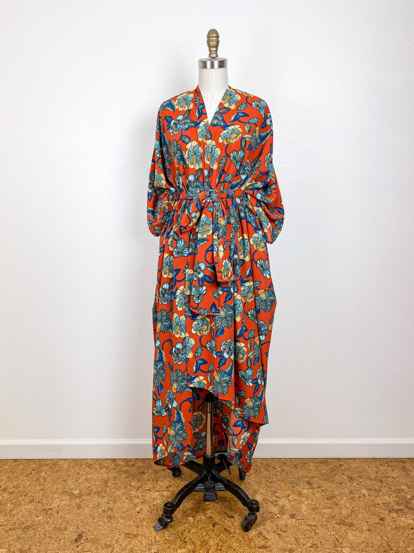 Print High Low Kimono Rust Floral Poly Challis