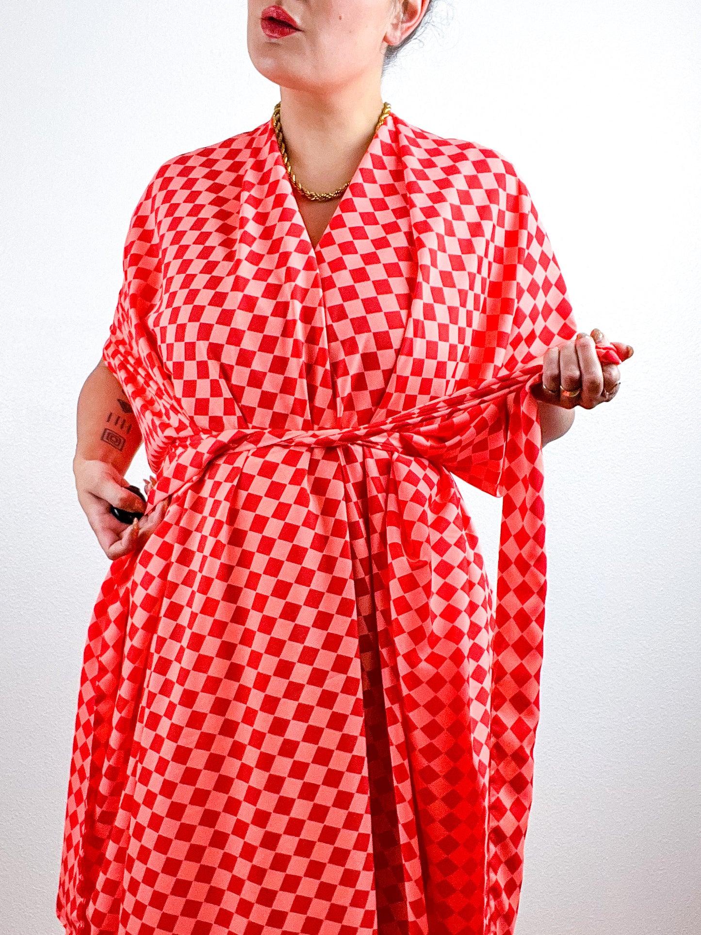 Print High Low Kimono Neon Checker Crepe de Chine
