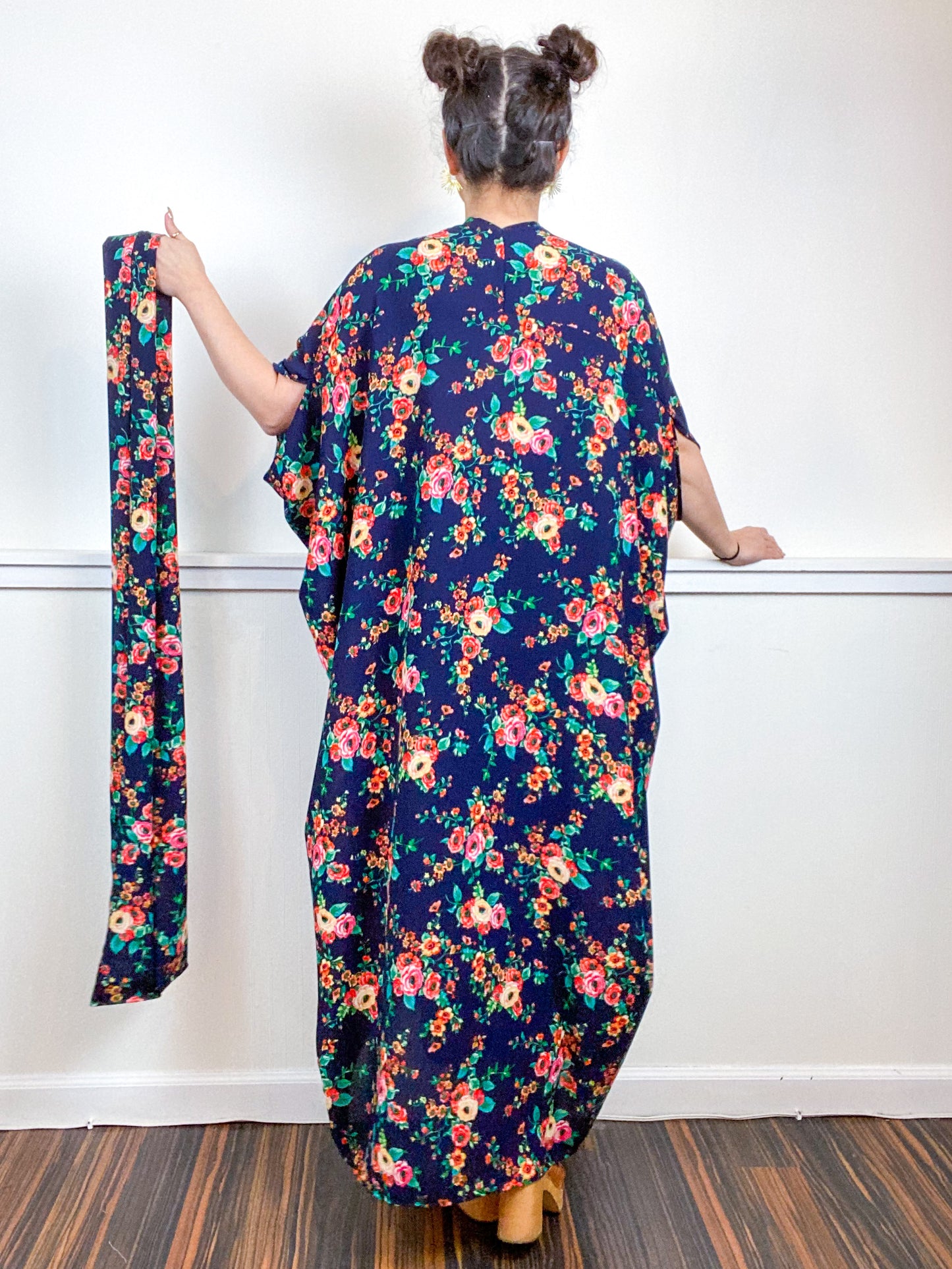 Print High Low Kimono Navy Orange Pink Rose Bubble Crepe