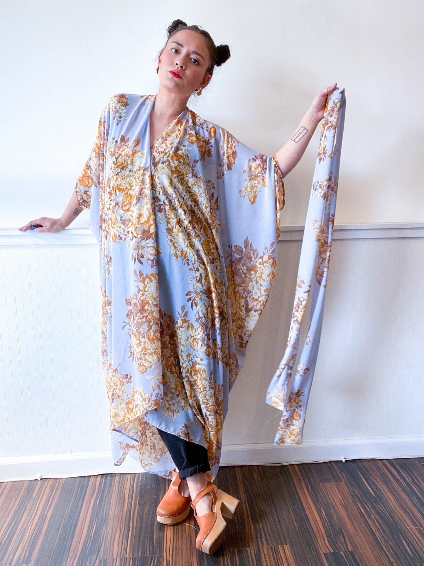 Print High Low Kimono Powder Blue and Amber Floral Chiffon