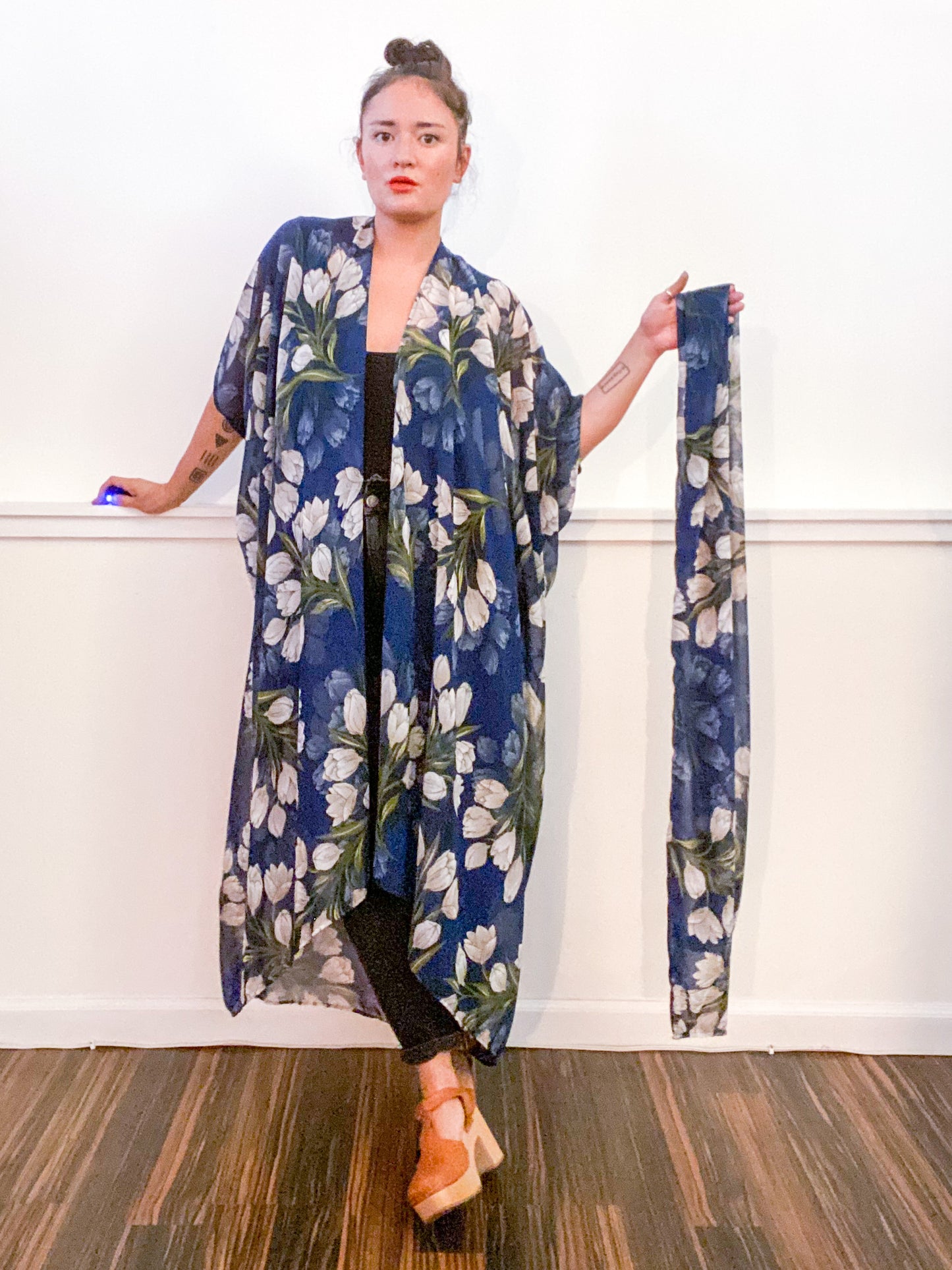 Print High Low Kimono Navy Tulips Chiffon