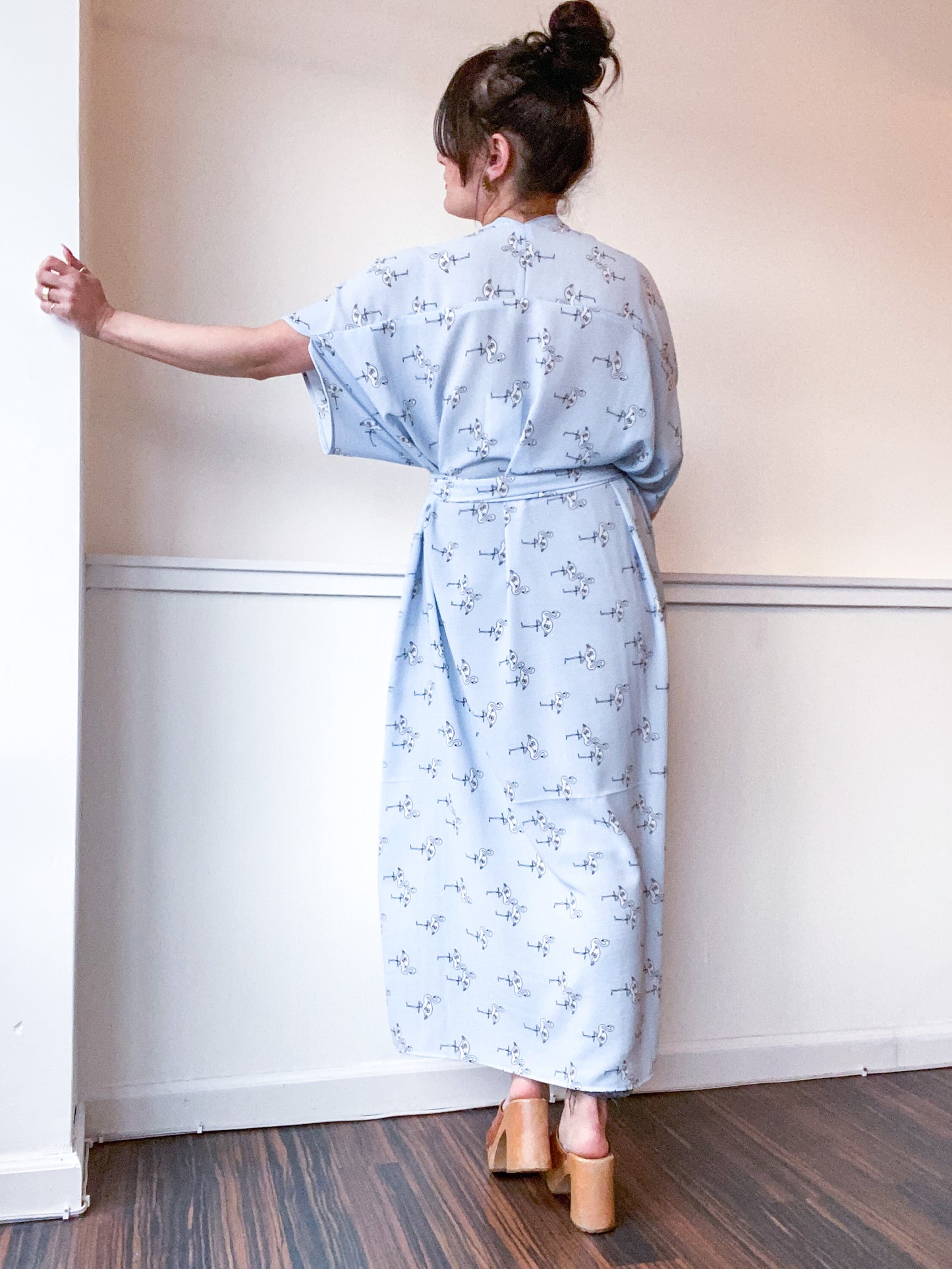 Print High Low Kimono Blue Flamingos