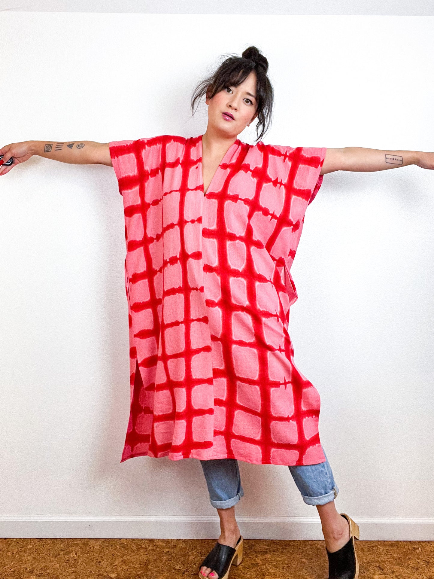 Hand-Dyed Midi Smock Dress Pink Scarlet Windowpane