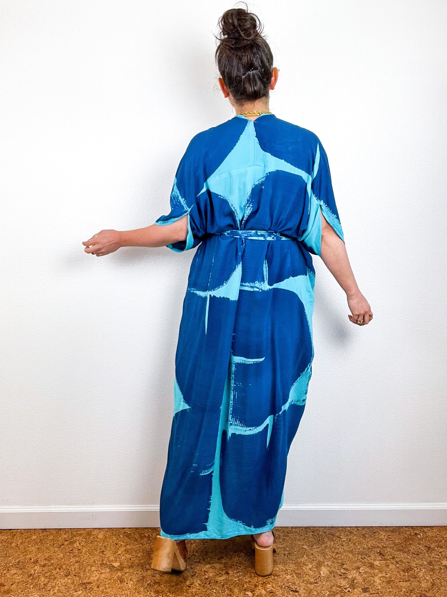 Hand-Dyed High Low Kimono Aqua Indigo Brushstroke