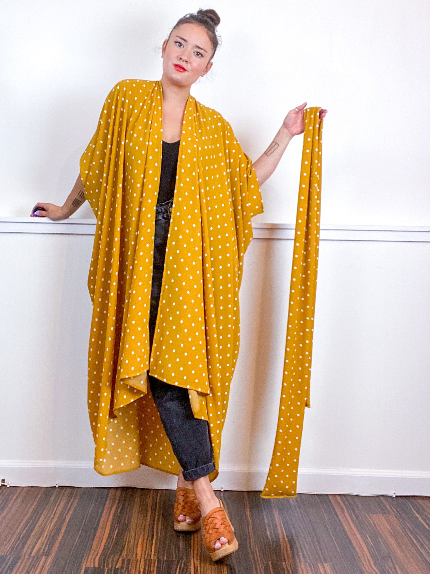 Print High Low Kimono Marigold Polka Dots Bubble Crepe