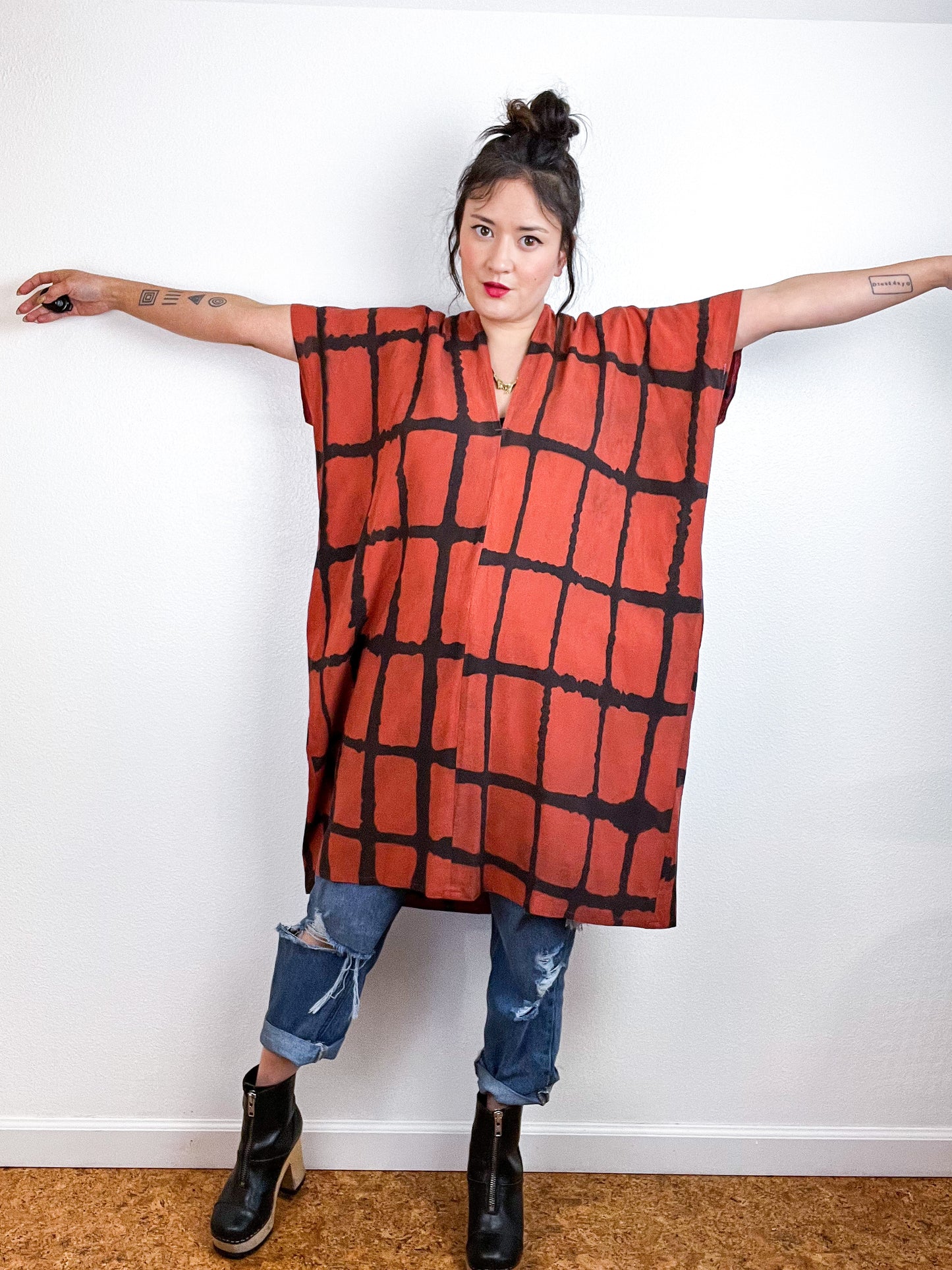 Hand-Dyed Mini Smock Dress Rust Black Windowpane