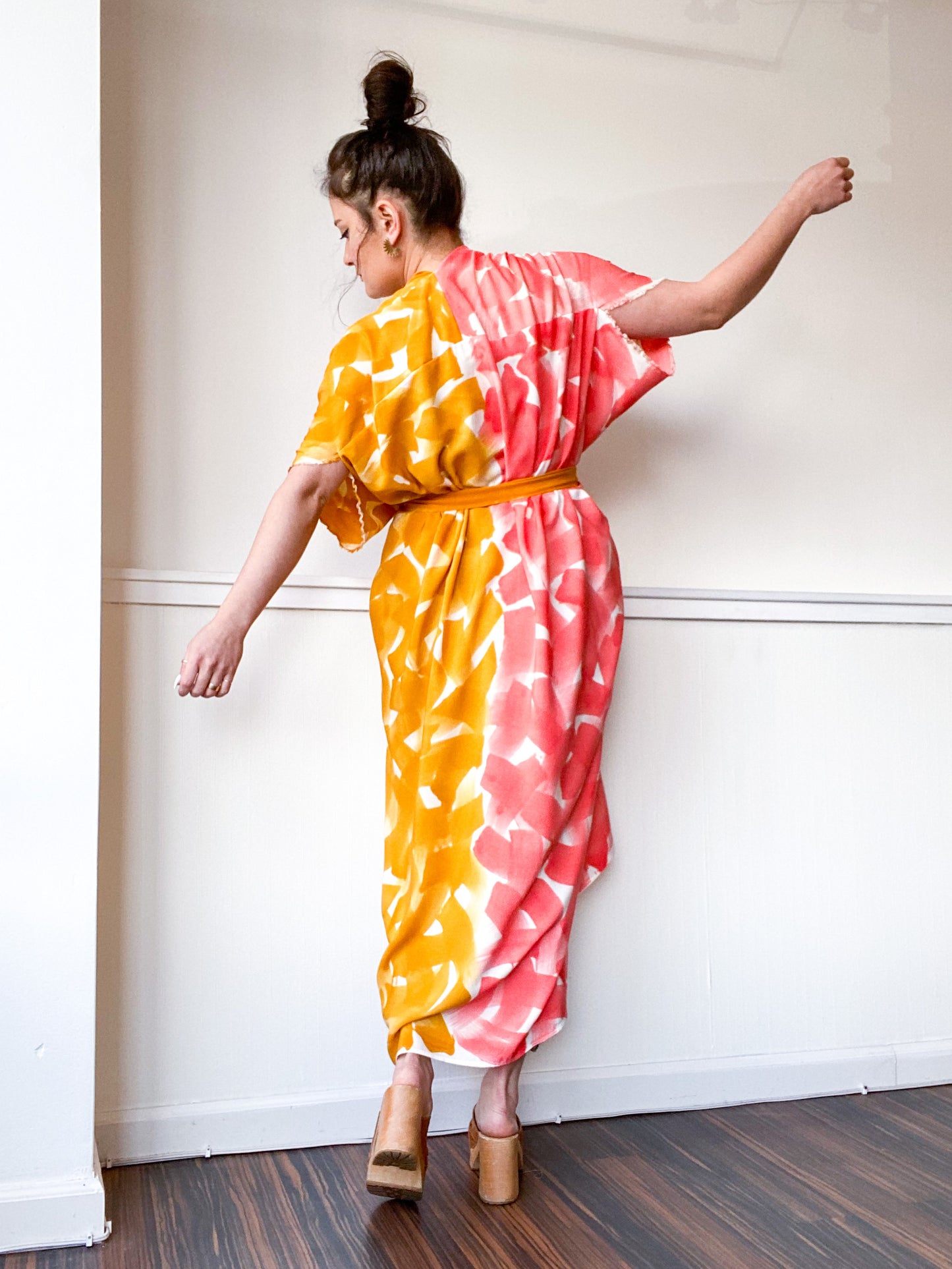 Limited Edition Hand-Dyed High Low Kimono Marigold Coral