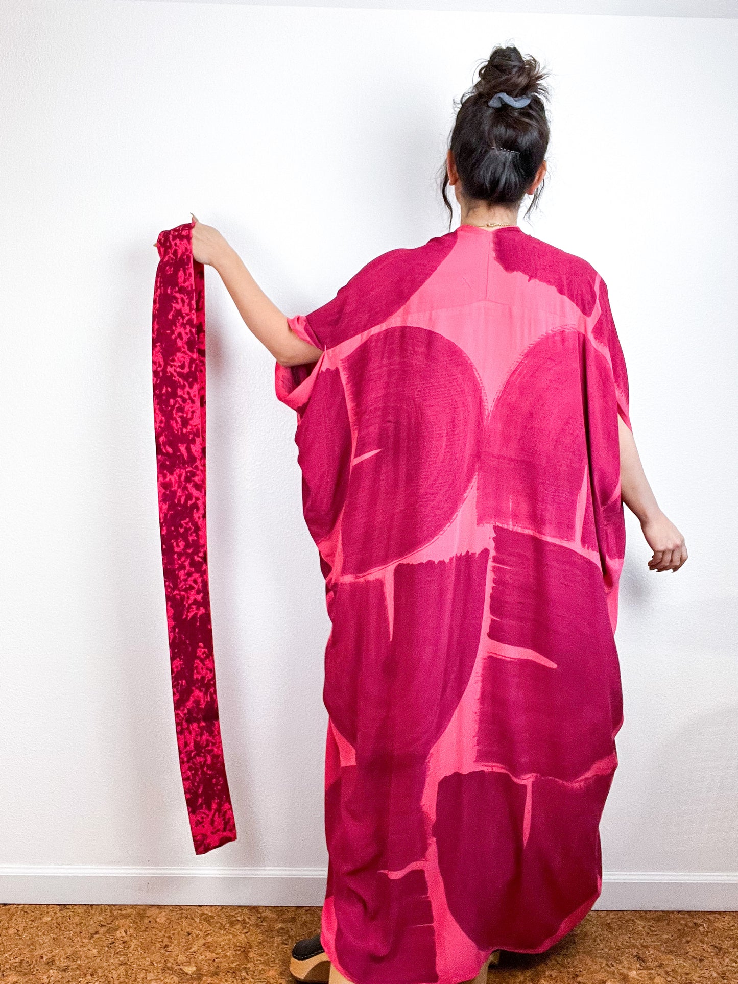 Hand-Dyed High Low Kimono Coral Maroon Brushstroke