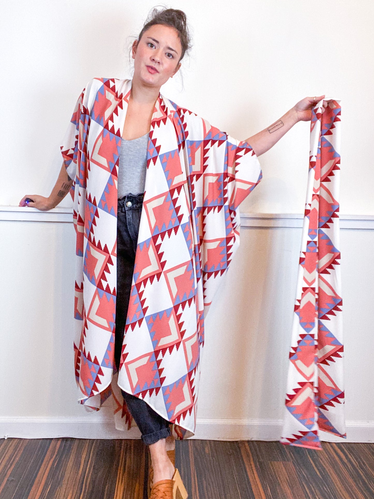 Print High Low Kimono Southwest Bubble Crepe