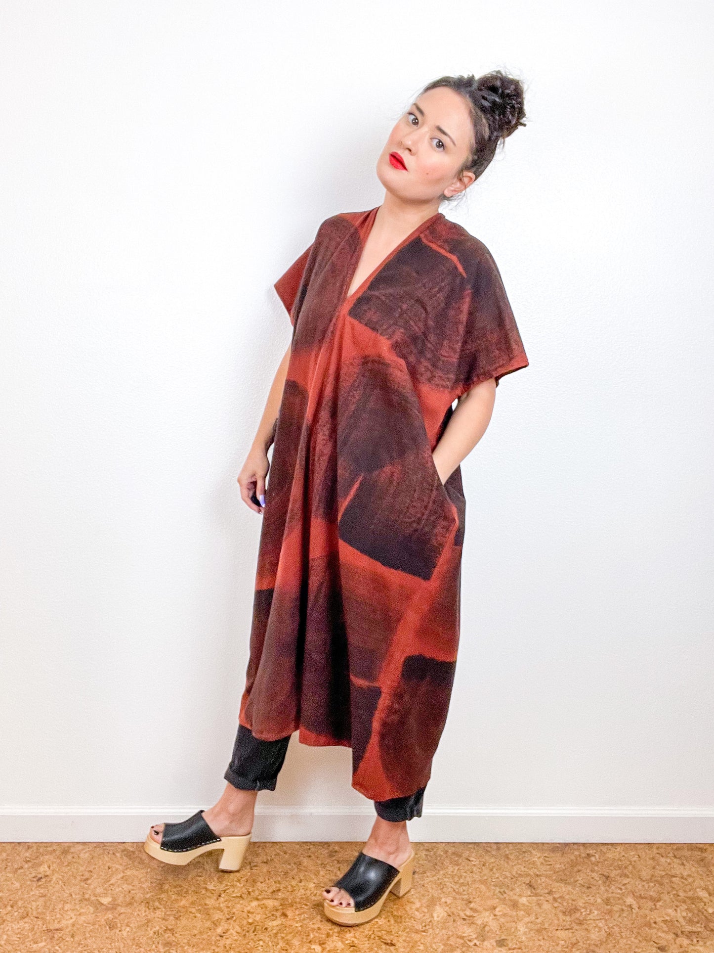 Hand-Dyed Flannel Smock Dress Rust Brushstrokes