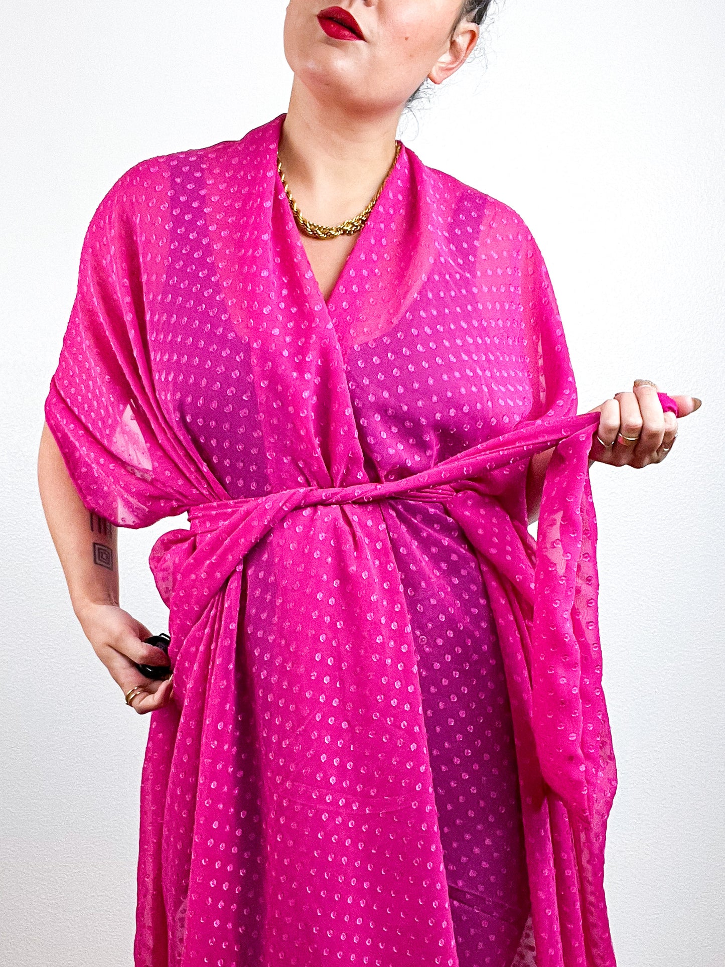 Solid High Low Kimono Fuchsia Swiss Dot Chiffon