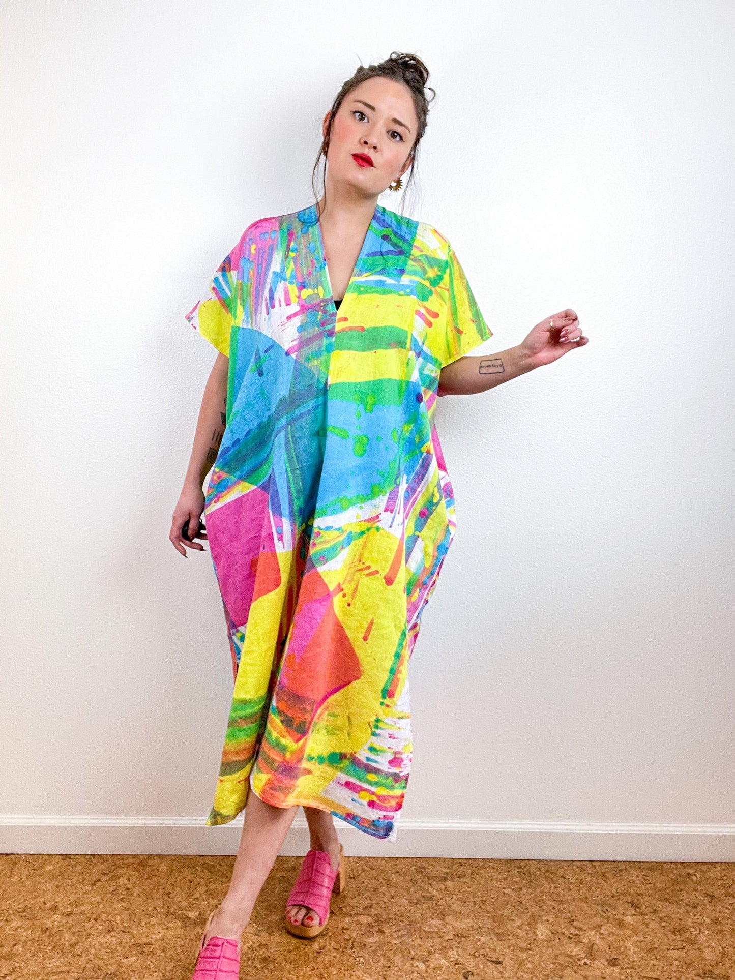 Hand-Dyed Linen Midi Smock Dress CMY Prism