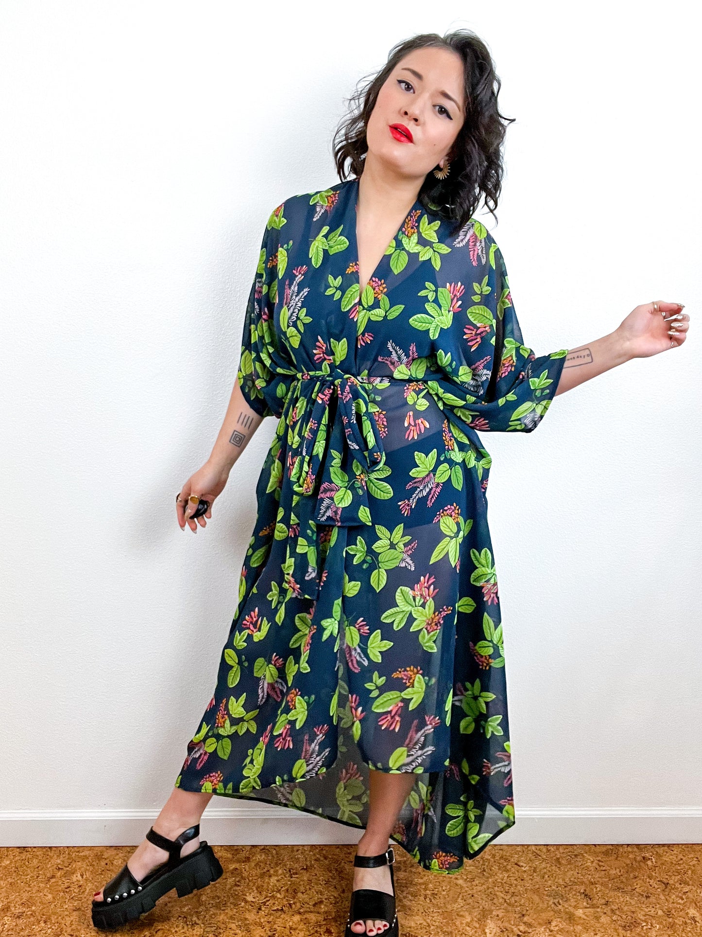 Print High Low Kimono Navy Green Floral Bunch Chiffon