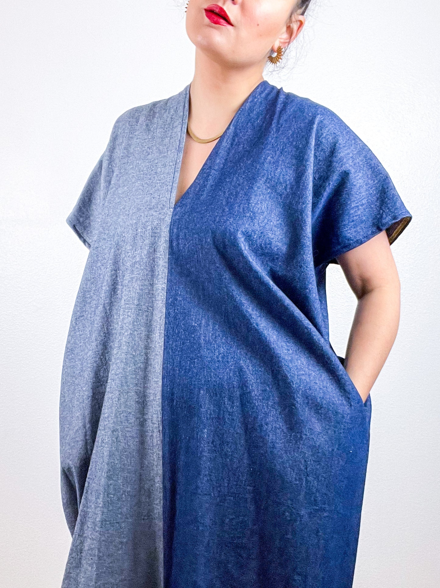Denim Smock Dress Midi Two Tone