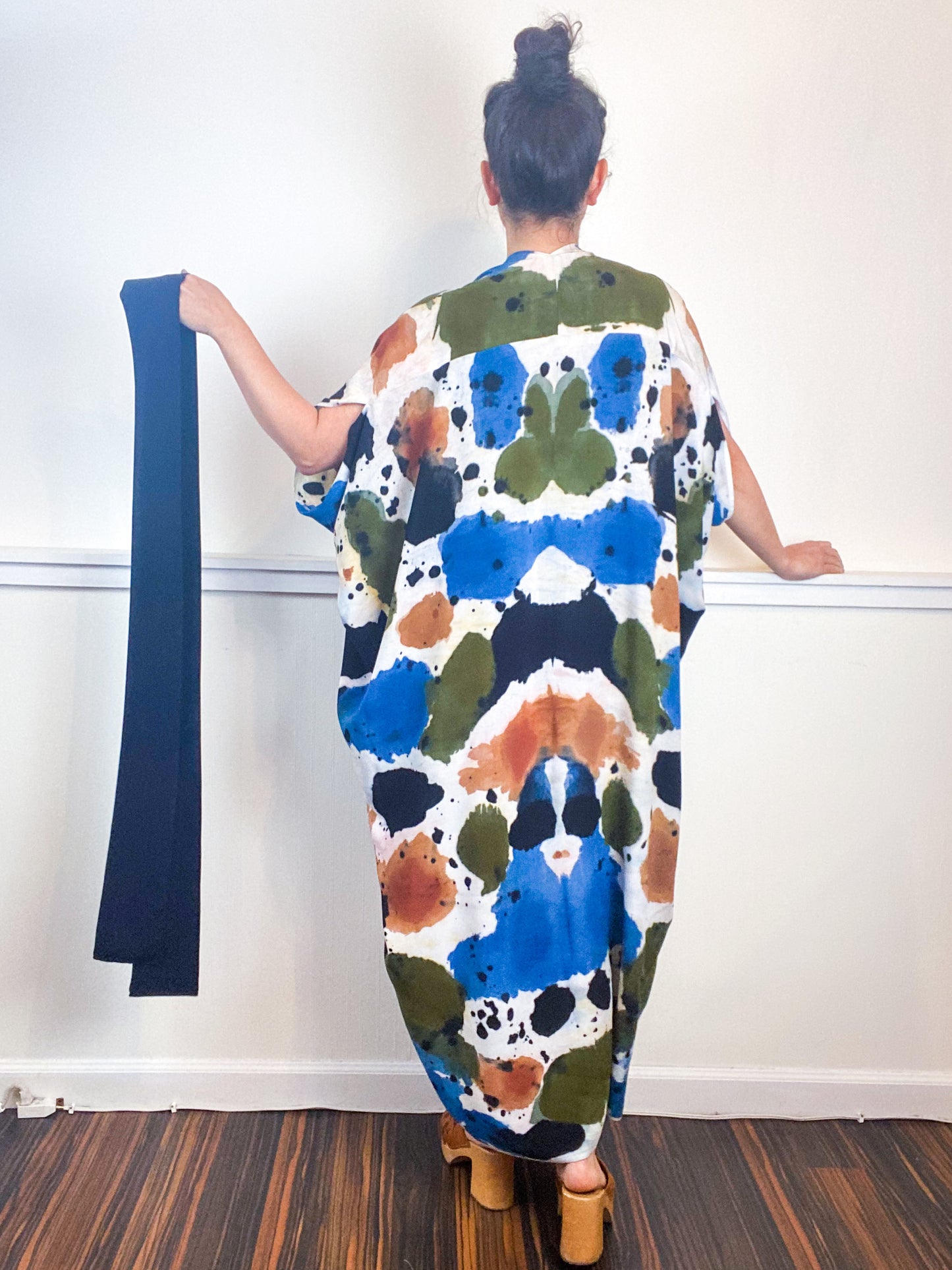 OOAK Hand-Dyed High Low Kimono Terracotta Moss Denim Raven Inkblot