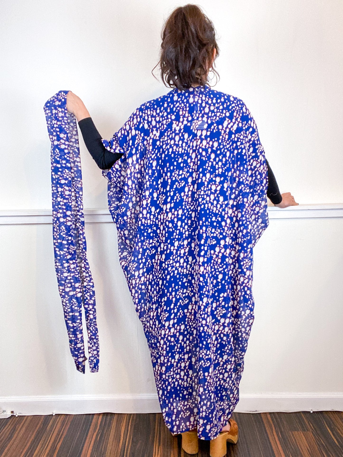 Print High Low Kimono Navy Fishies Chiffon