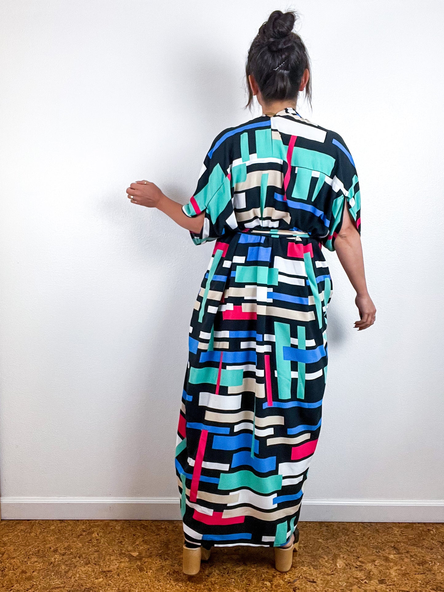 Print High Low Kimono Multicolor Rectangles Challis