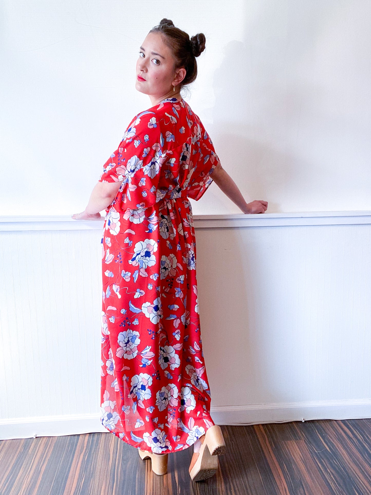 Print High Low Kimono Red Floral Georgette