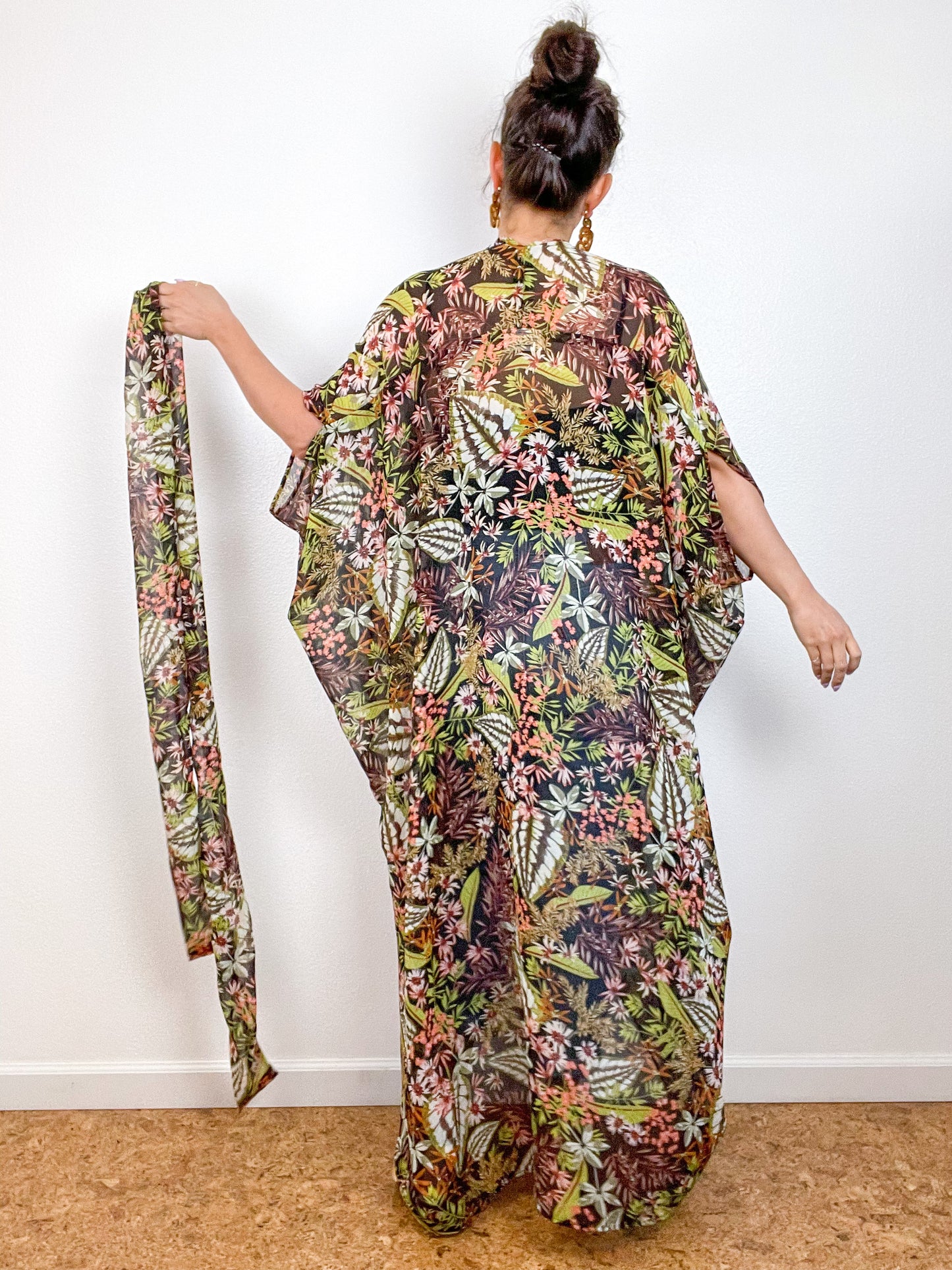 Print High Low Kimono Black Green Tropical Chiffon