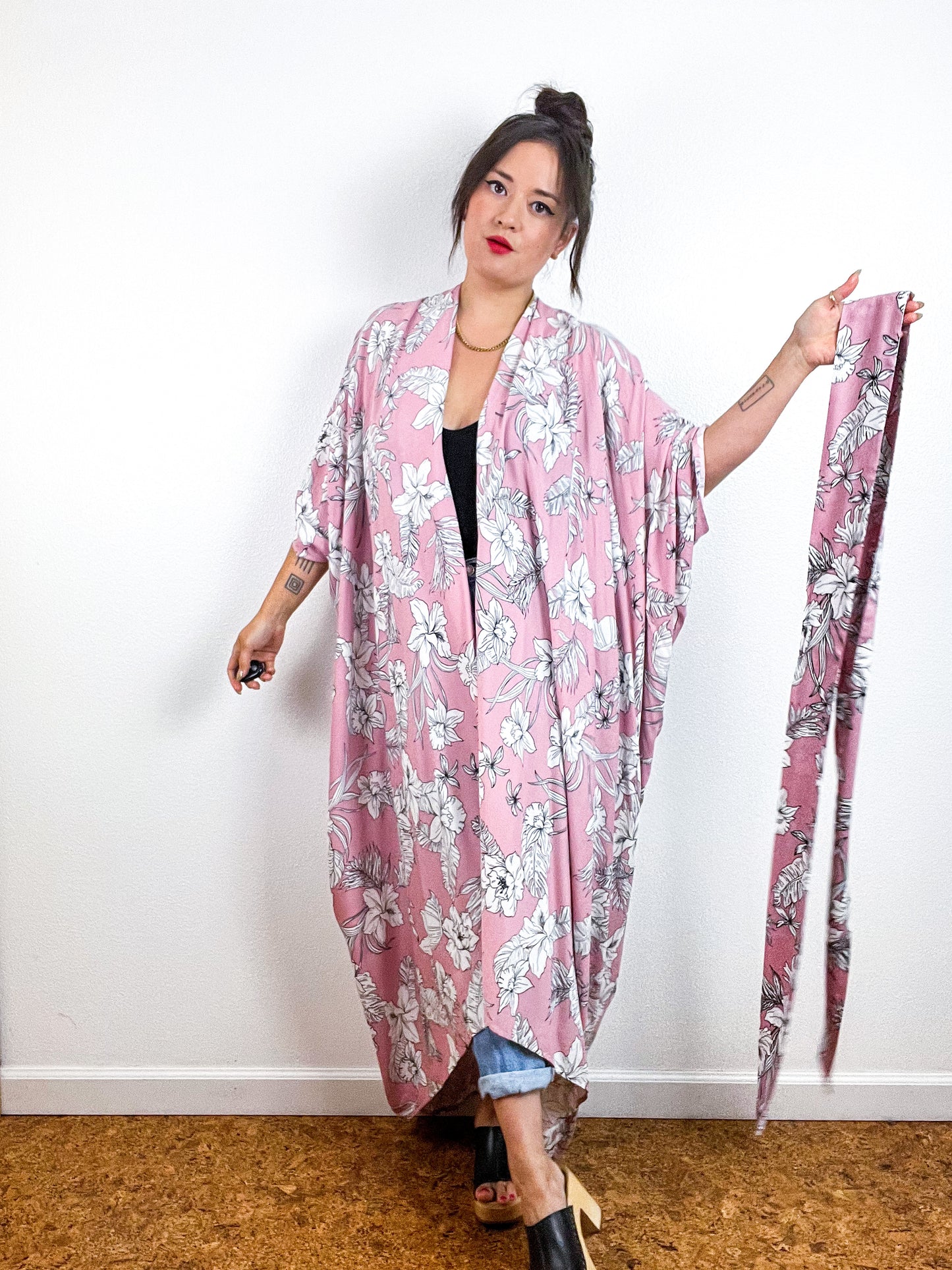 Print High Low Kimono Pink White Tropical Challis