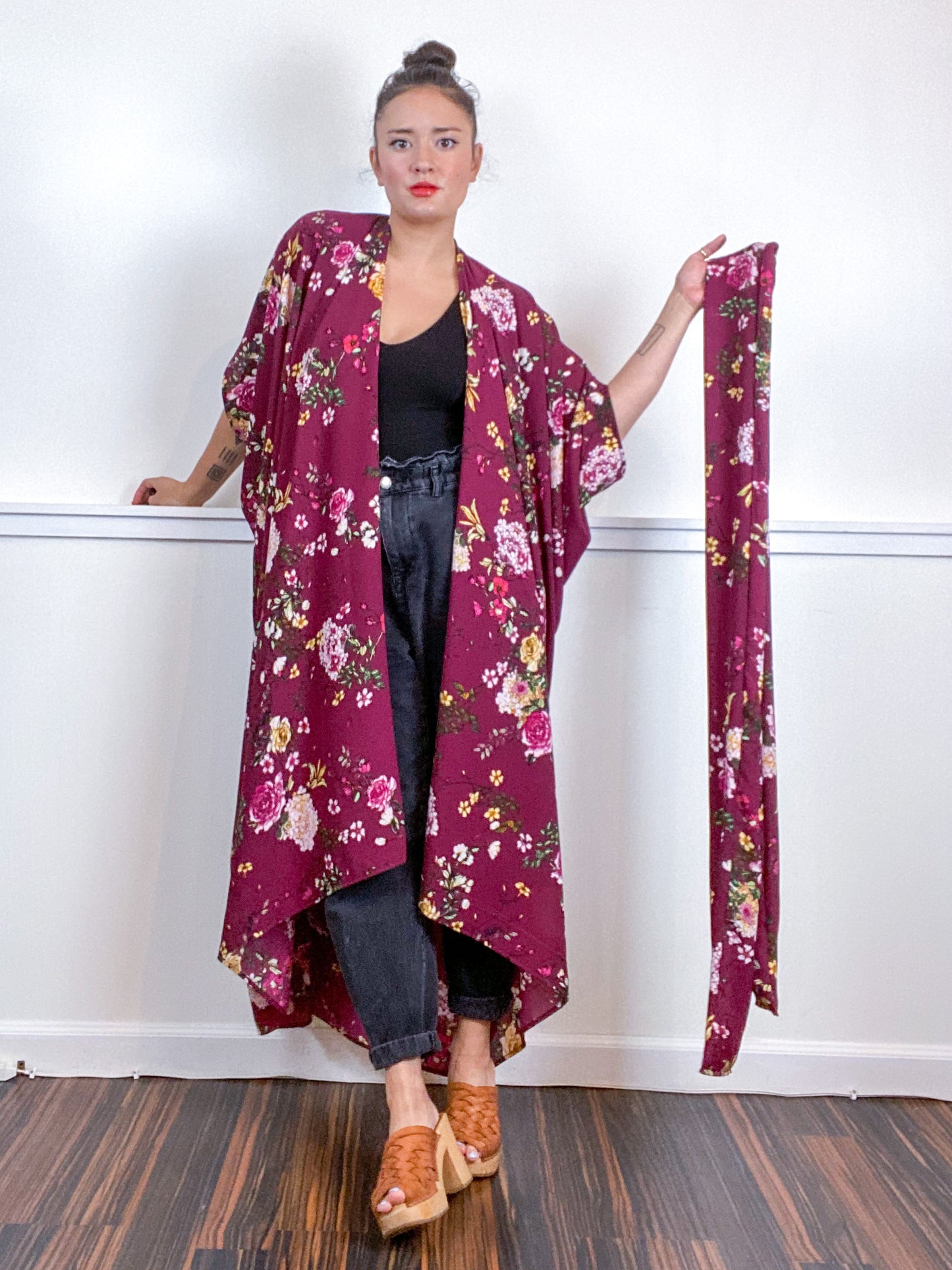Print High Low Kimono Maroon Floral Bubble Crepe