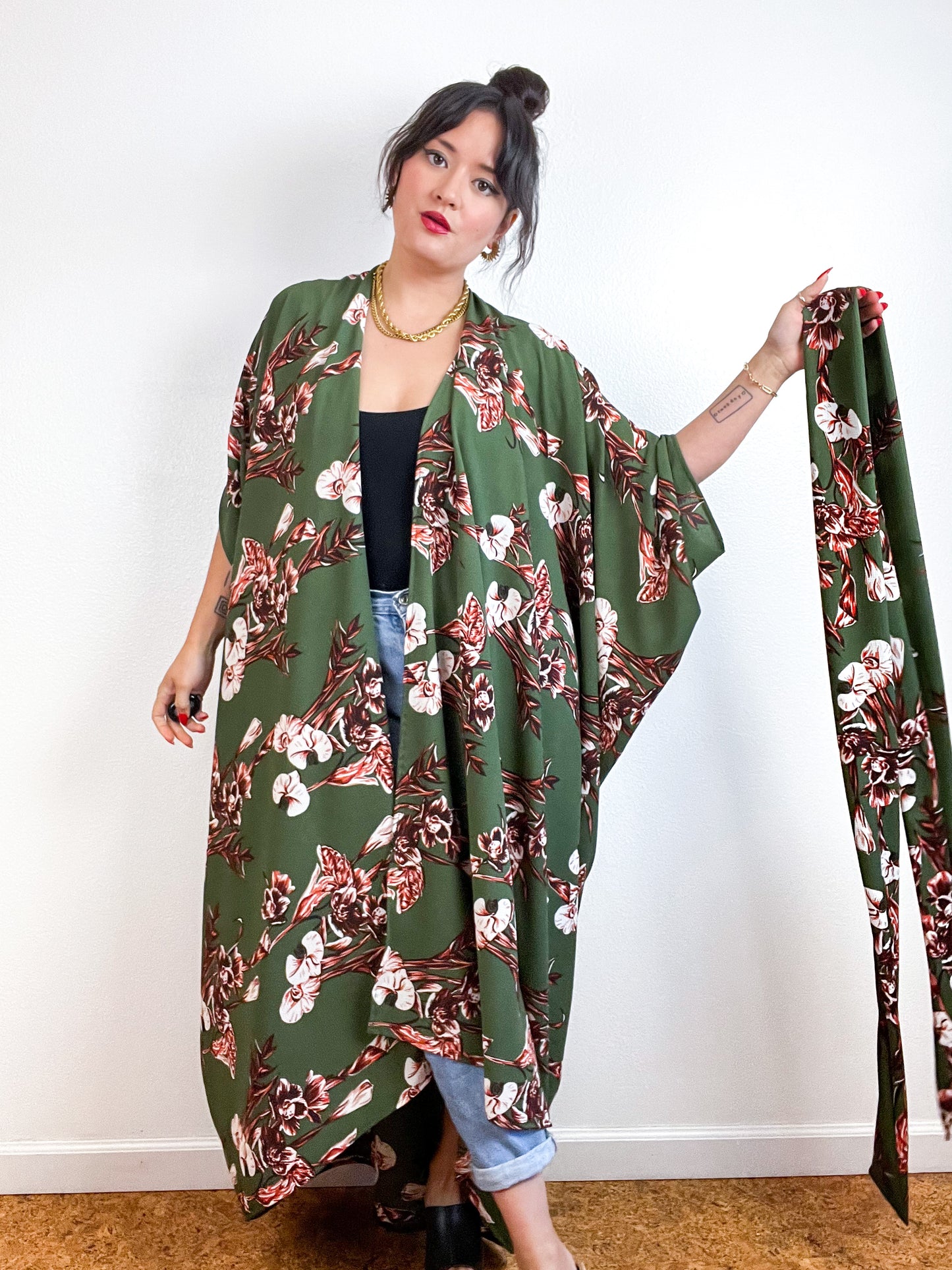 Print High Low Kimono Olive Rust Orchid Bubble Crepe