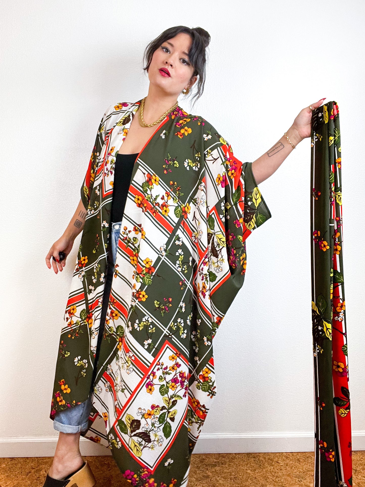 Print High Low Kimono Olive Retro Floral Bubble Crepe