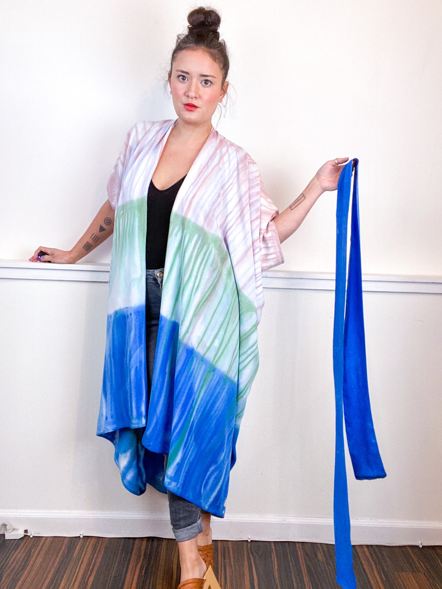 OOAK Hand-Dyed High Low Kimono Wisteria Sky Pink Sea