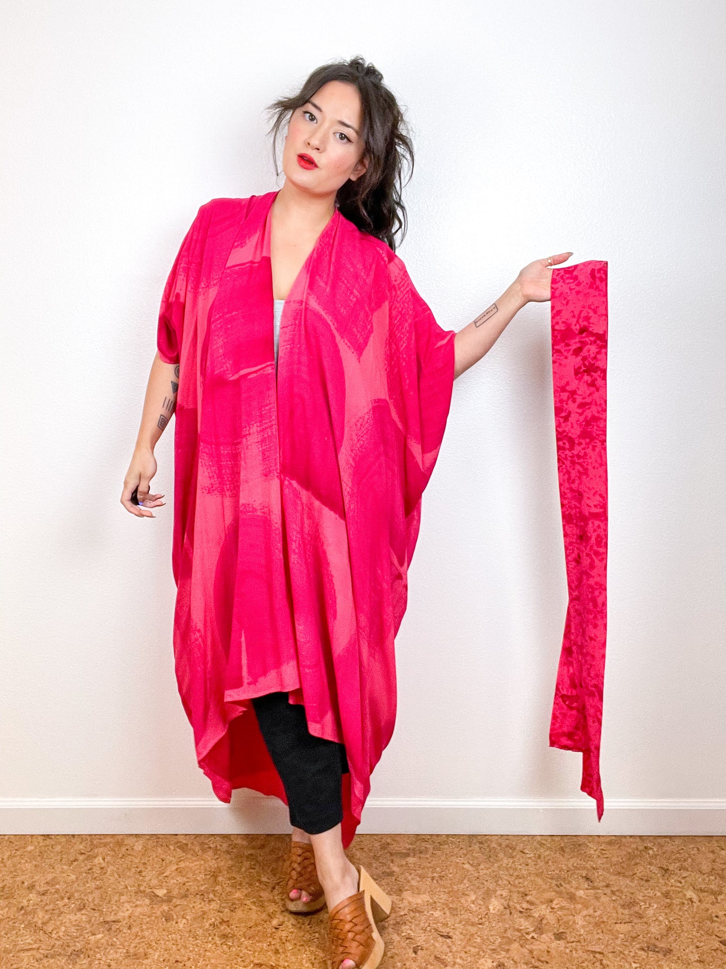 Hand-Dyed High Low Kimono Coral Fuchsia Brushstroke