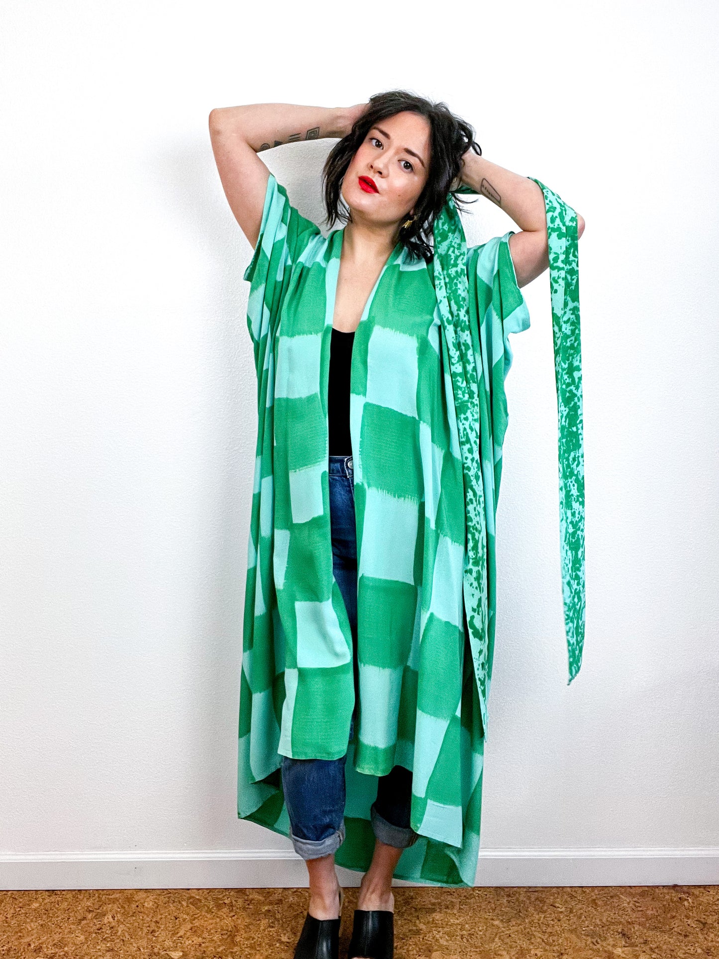 Hand-Dyed High Low Kimono Aqua Green Check