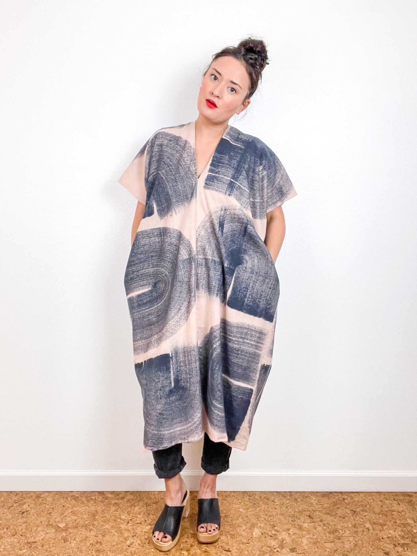 Hand-Dyed Flannel Smock Dress Blush Brushstrokes