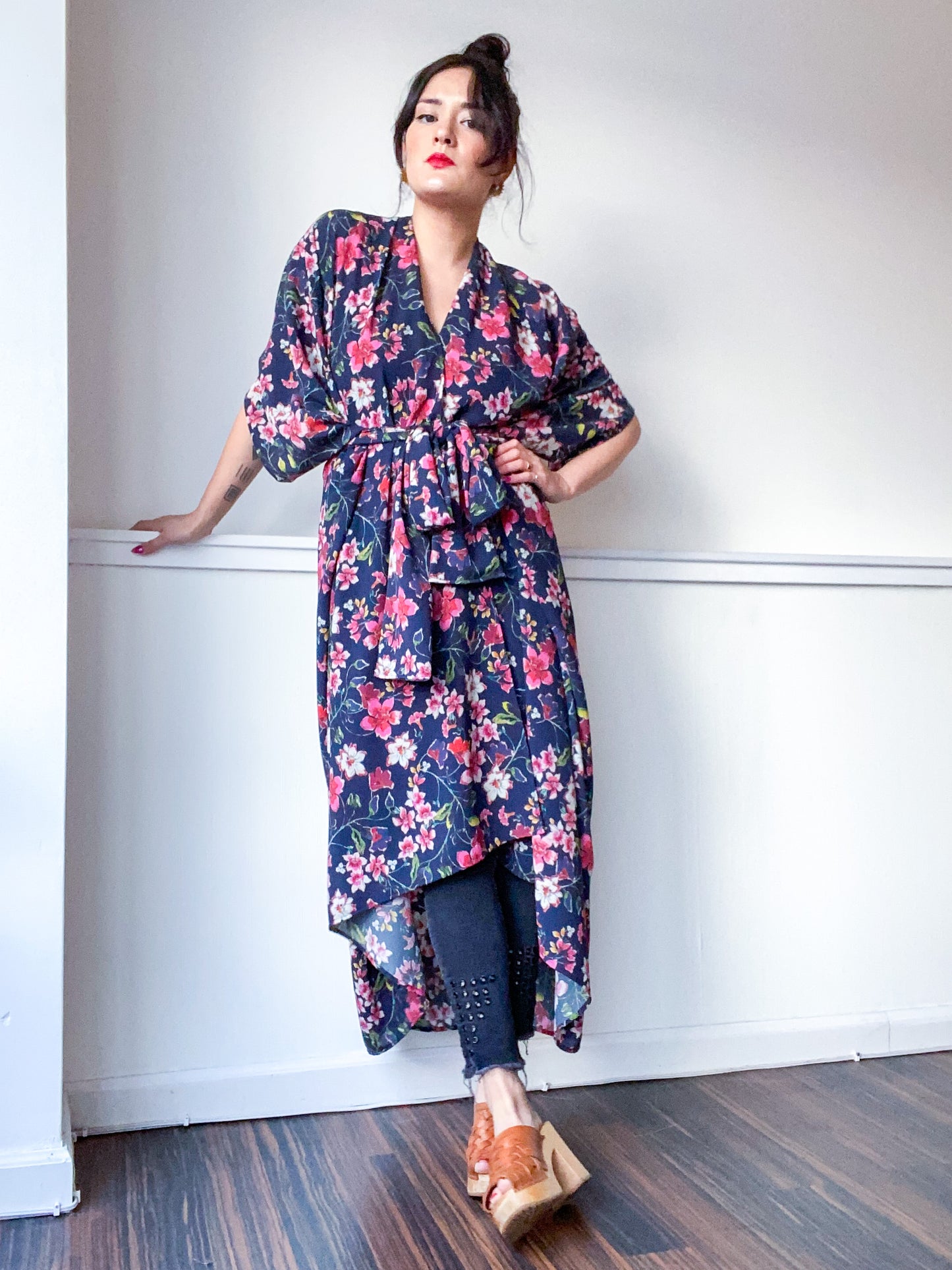 Print High Low Kimono Navy Sweetpea