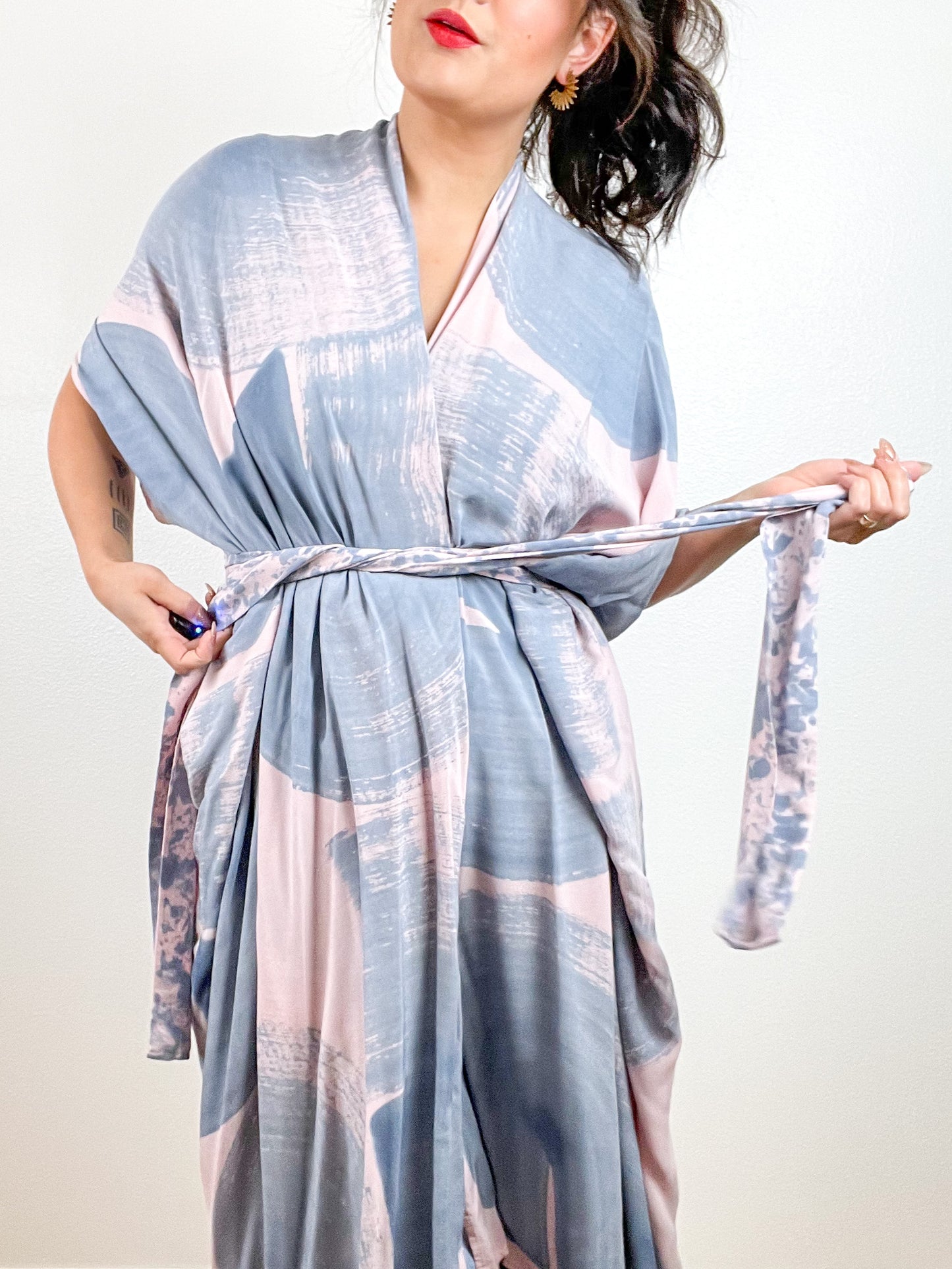 Hand-Dyed High Low Kimono Blush Blue Brushstroke