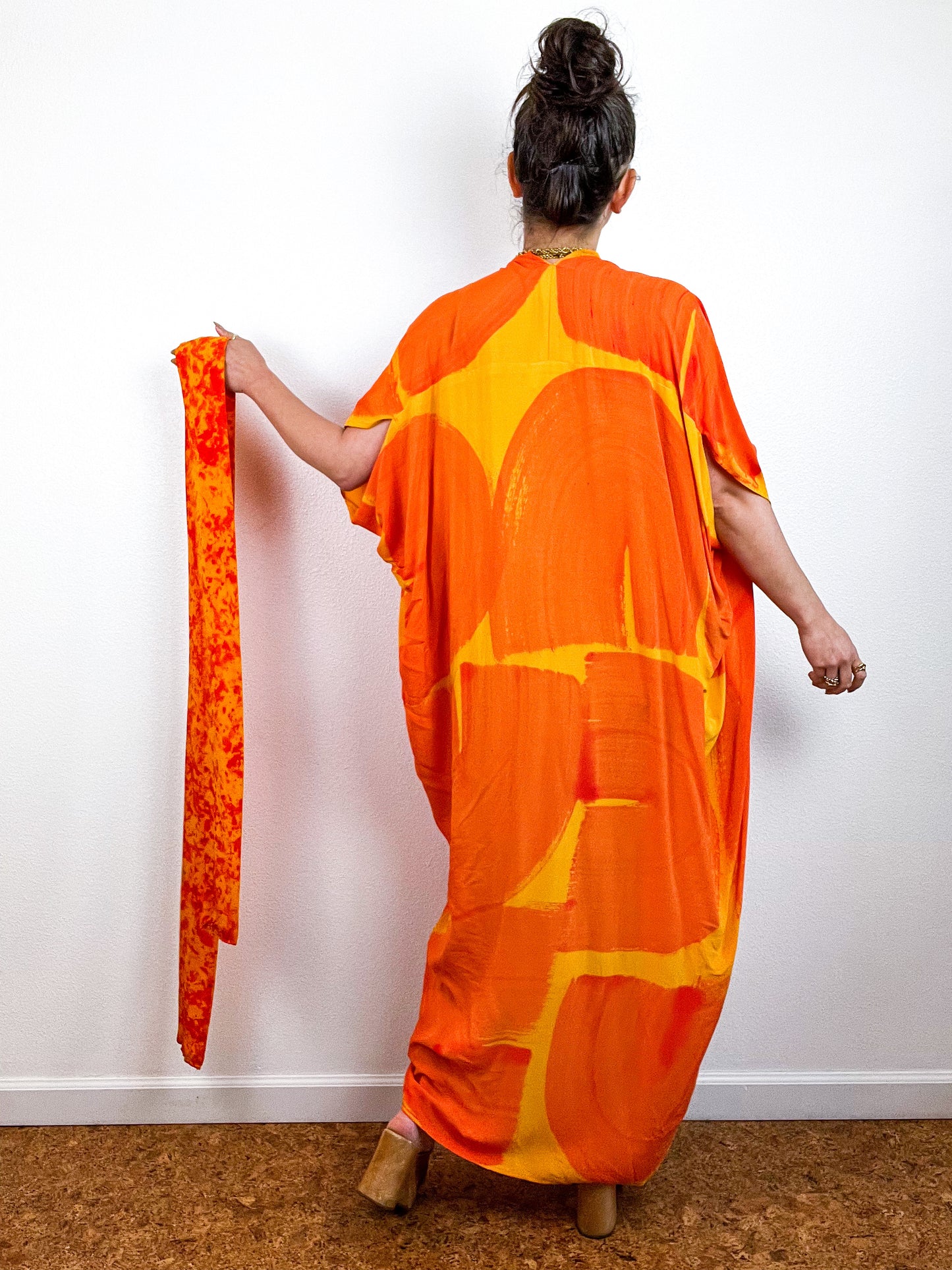 Hand-Dyed High Low Kimono Marigold Tangerine Brushstroke