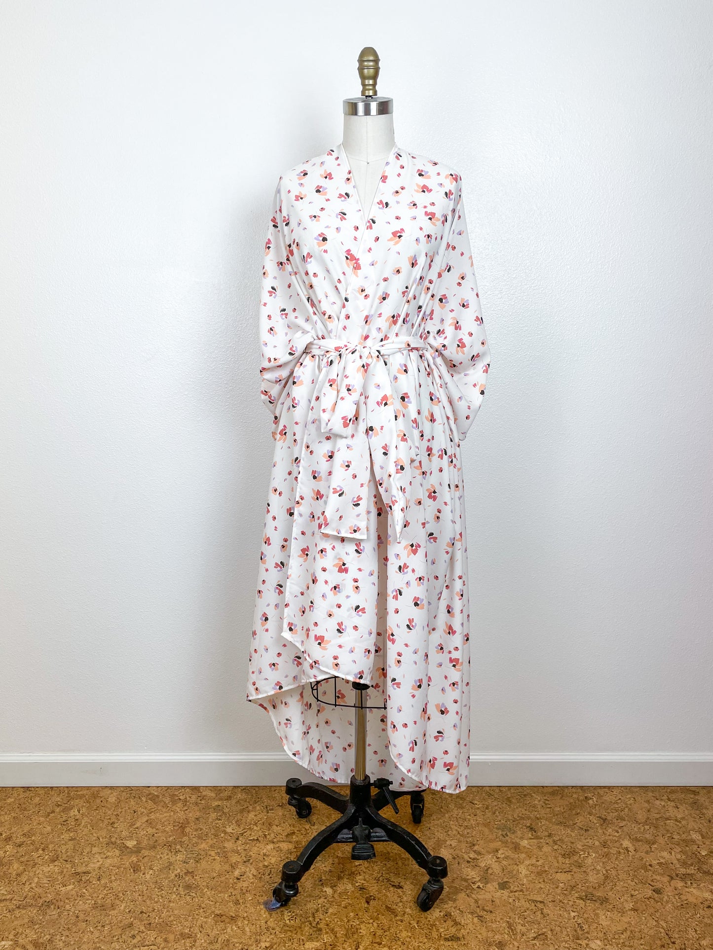 Print High Low Kimono Ivory Pink Petals Poly Challis