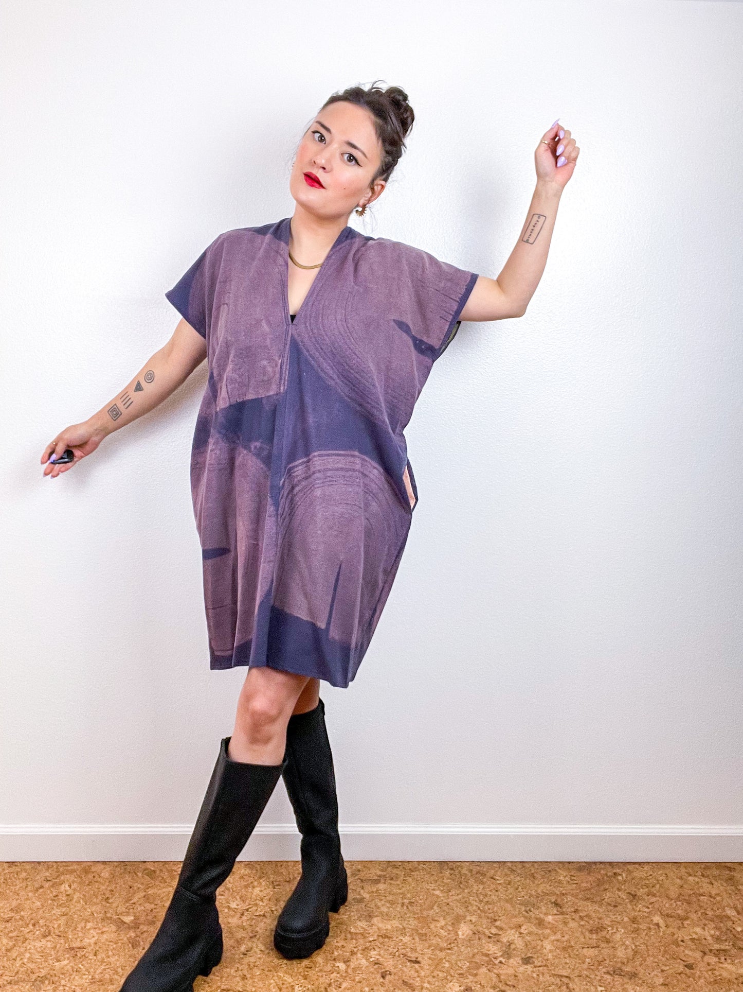 Bleached Flannel Smock Dress Mauve Brushstrokes