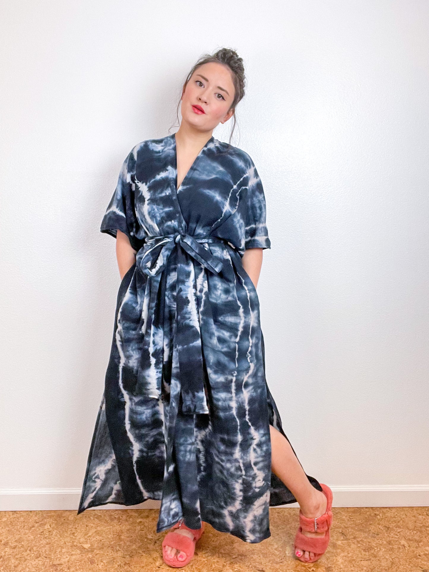 Single Gauze Duster Kimono Black Tie