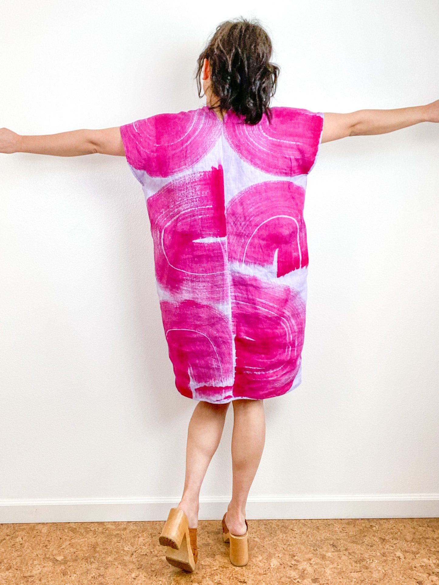 Hand-Dyed Linen Smock Dress Lilac Fuchsia Brushstrokes