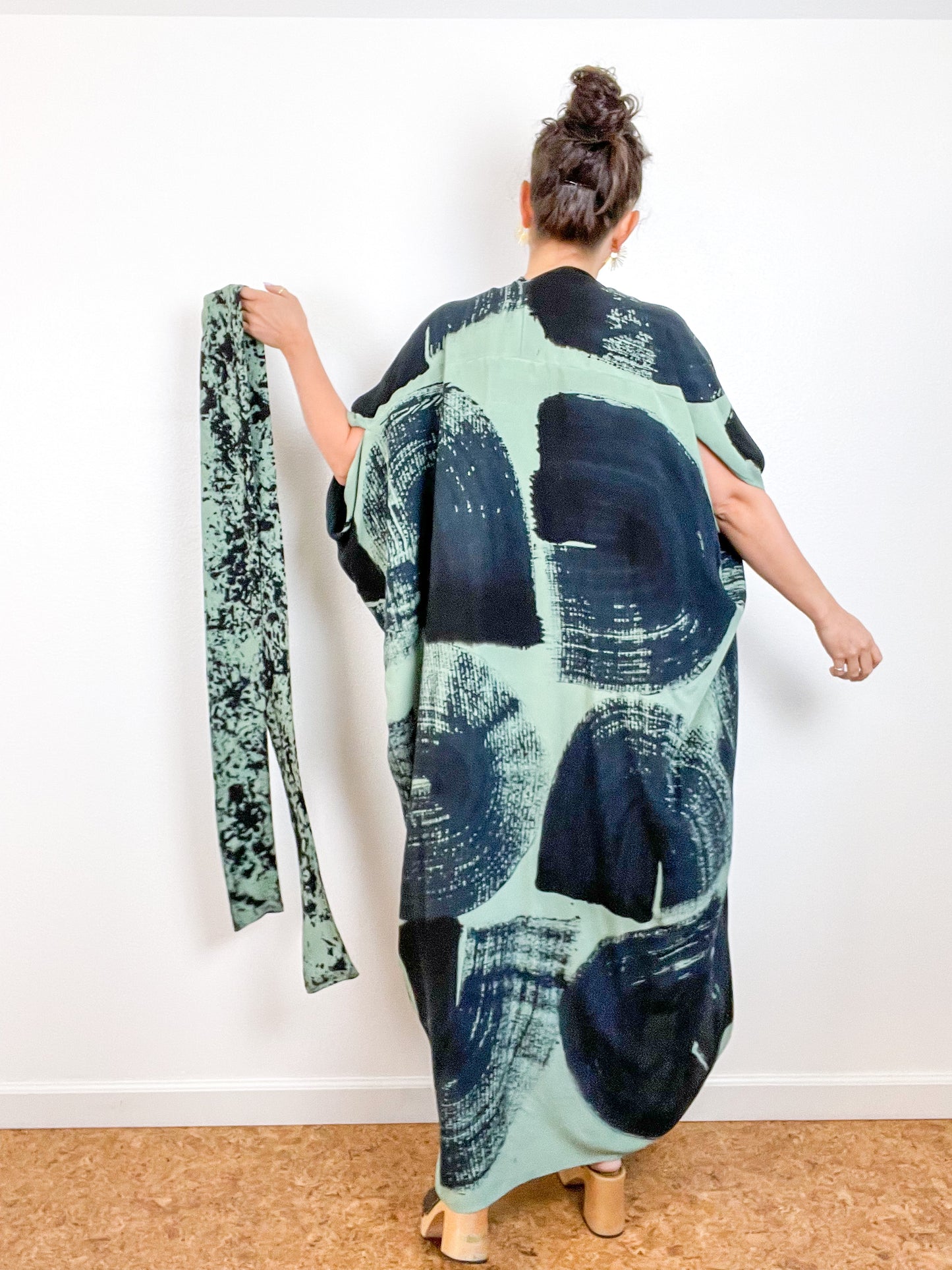 Hand-Dyed High Low Kimono Sage Black Brushstroke